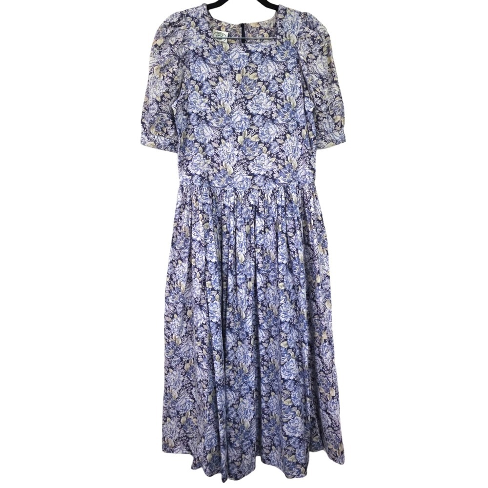 Vintage Laura Ashley Puff Sleeve Midi Dress Blue Floral Cotton US10 EU38 UK12